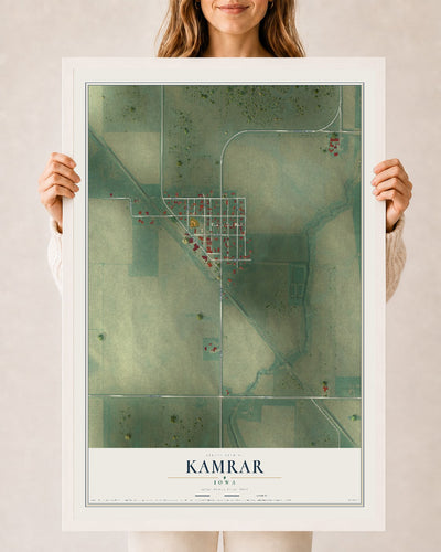 Map of Kamrar, Iowa, 24 x 36 inch print in a white wood frame