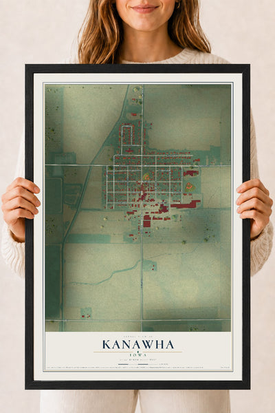 Map of Kanawha, Iowa, 18 x 24 inch print in a black wood frame