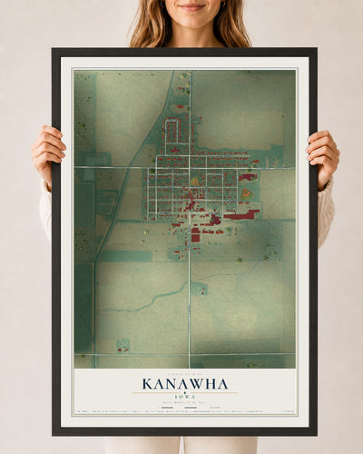 Map of Kanawha, Iowa, 24 x 36 inch print in a black wood frame