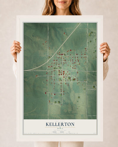 Map of Kellerton, Iowa, 24 x 36 inch print in a white wood frame