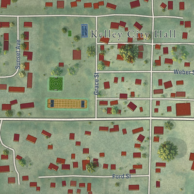 Close-up of the map of Kelley, Iowa print showing street and building detail