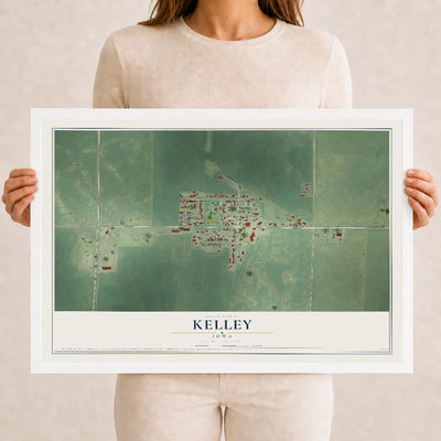 Map of Kelley, Iowa, 12 x 18 inch print in a white wood frame