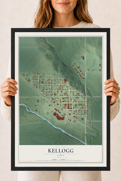 Map of Kellogg, Iowa, 18 x 24 inch print in a black wood frame
