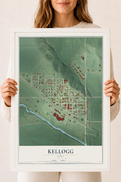 Map of Kellogg, Iowa, 18 x 24 inch print in a white wood frame