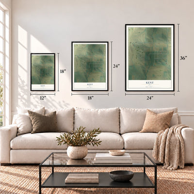 Kent, Iowa map in 12 x 18, 18 x 24 and 24 x 36 inch sizes above a sofa