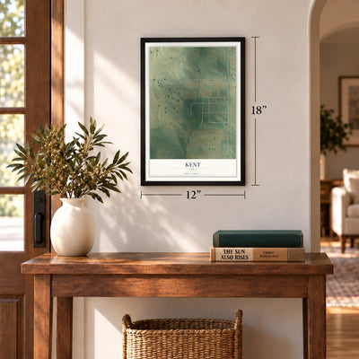 Kent, Iowa map, 12 x 18 inch print in a black frame in an entryway