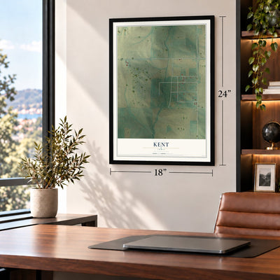 Kent, Iowa map, 18 x 24 inch print in a black frame in a home office