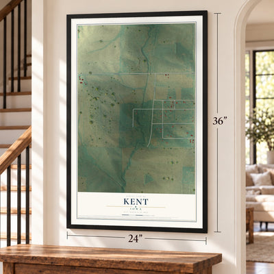 Kent, Iowa map, 24 x 36 inch print in a black frame by a staircase