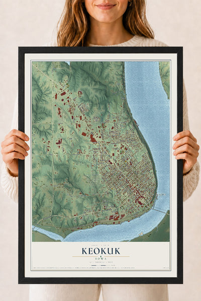 Map of Keokuk, Iowa, 18 x 24 inch print in a black wood frame