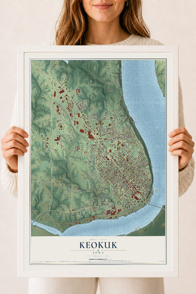 Map of Keokuk, Iowa, 18 x 24 inch print in a white wood frame