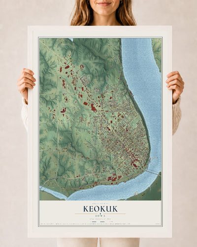 Map of Keokuk, Iowa, 24 x 36 inch print in a white wood frame