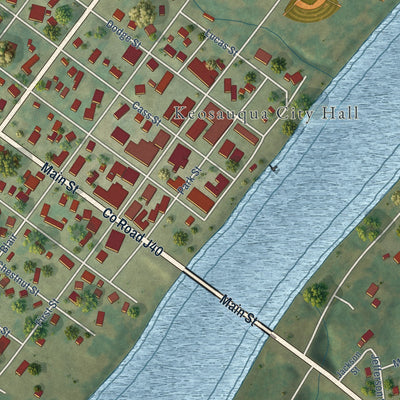 Close-up of the map of Keosauqua, Iowa print showing street and building detail