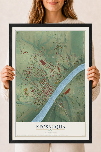 Map of Keosauqua, Iowa, 18 x 24 inch print in a black wood frame