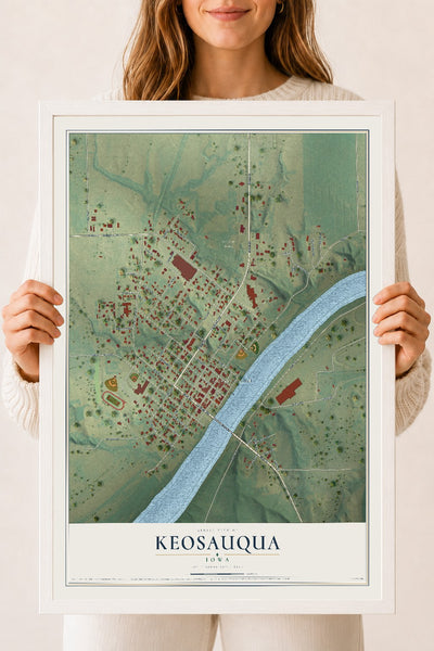 Map of Keosauqua, Iowa, 18 x 24 inch print in a white wood frame