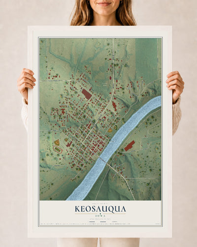 Map of Keosauqua, Iowa, 24 x 36 inch print in a white wood frame