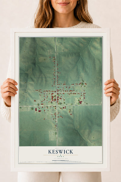 Map of Keswick, Iowa, 18 x 24 inch print in a white wood frame