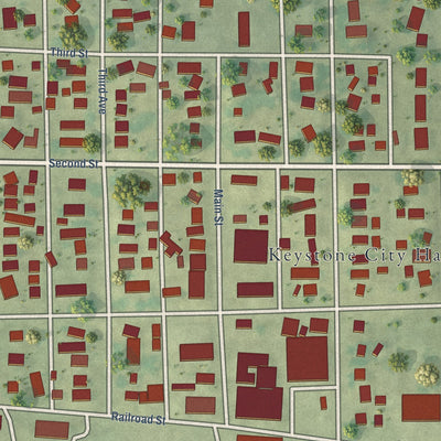 Close-up of the map of Keystone, Iowa print showing street and building detail