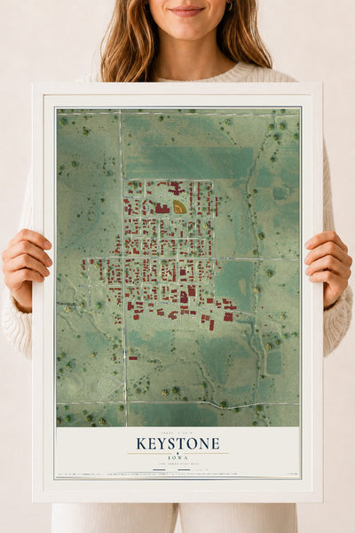 Map of Keystone, Iowa, 18 x 24 inch print in a white wood frame