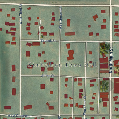 Close-up of the map of Kimballton, Iowa print showing street and building detail