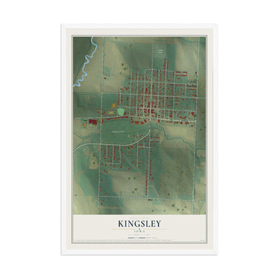 Map of Kingsley, Iowa, 12 x 18 inch print in a white wood frame