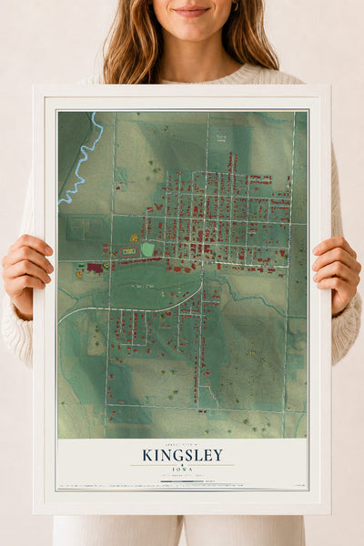 Map of Kingsley, Iowa, 18 x 24 inch print in a white wood frame