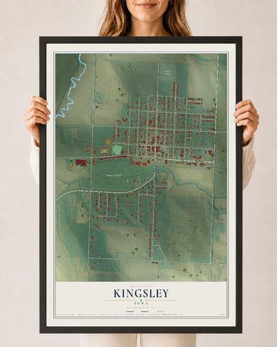 Map of Kingsley, Iowa, 24 x 36 inch print in a black wood frame