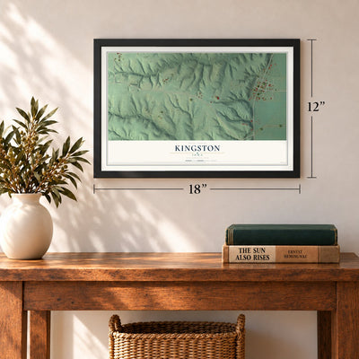 Kingston, Iowa map, 12 x 18 inch print in a black frame in an entryway