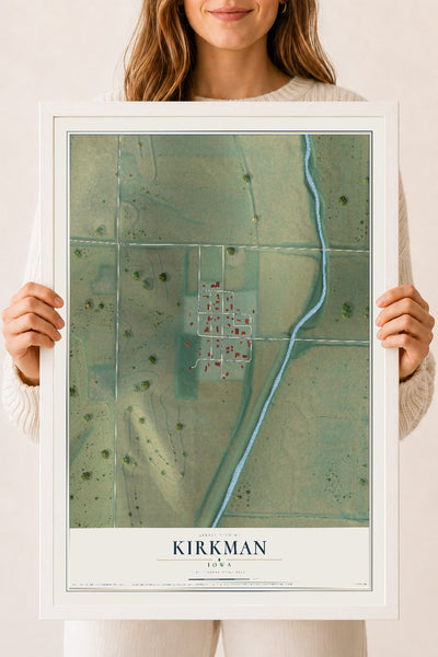 Map of Kirkman, Iowa, 18 x 24 inch print in a white wood frame