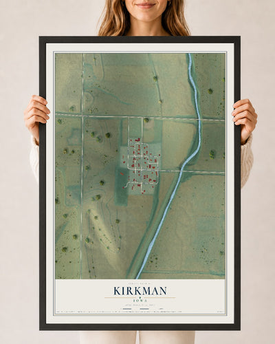 Map of Kirkman, Iowa, 24 x 36 inch print in a black wood frame
