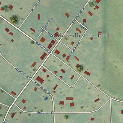 Close-up of the map of Kirkville, Iowa print showing street and building detail