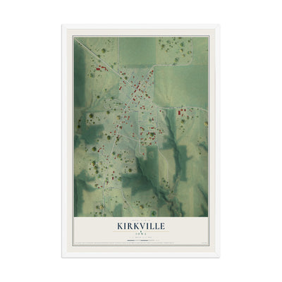 Map of Kirkville, Iowa, 12 x 18 inch print in a white wood frame