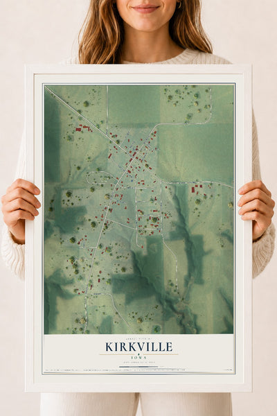Map of Kirkville, Iowa, 18 x 24 inch print in a white wood frame