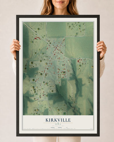 Map of Kirkville, Iowa, 24 x 36 inch print in a black wood frame