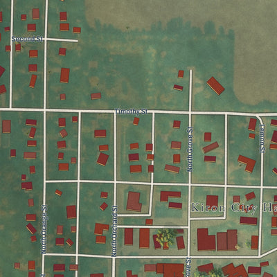 Close-up of the map of Kiron, Iowa print showing street and building detail
