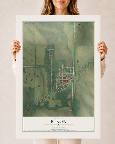 Map of Kiron, Iowa, 24 x 36 inch print in a white wood frame