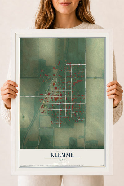 Map of Klemme, Iowa, 18 x 24 inch print in a white wood frame