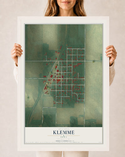 Map of Klemme, Iowa, 24 x 36 inch print in a white wood frame