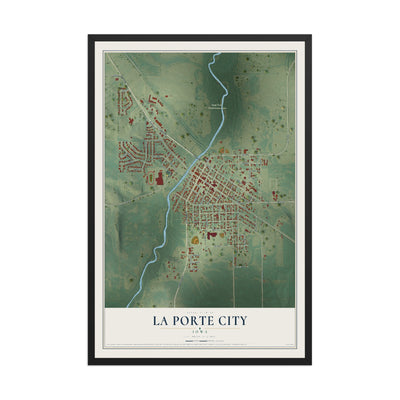 Map of La Porte City, Iowa, 12 x 18 inch print in a black wood frame