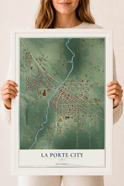 Map of La Porte City, Iowa, 18 x 24 inch print in a white wood frame