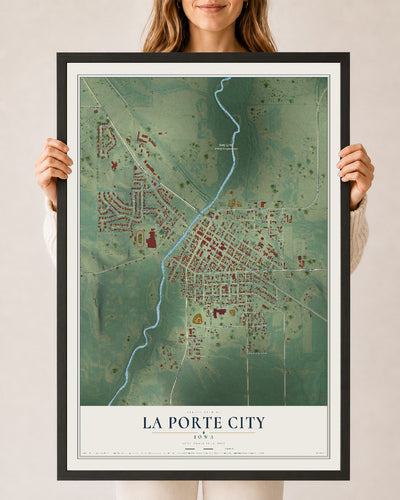 Map of La Porte City, Iowa, 24 x 36 inch print in a black wood frame