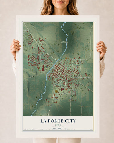 Map of La Porte City, Iowa, 24 x 36 inch print in a white wood frame