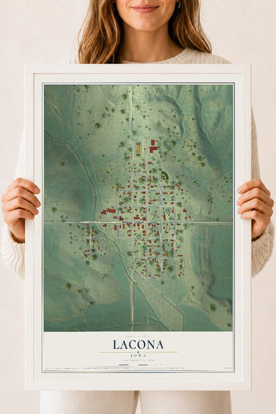 Map of Lacona, Iowa, 18 x 24 inch print in a white wood frame