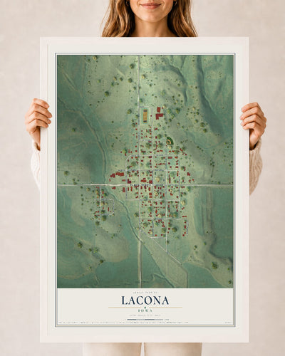 Map of Lacona, Iowa, 24 x 36 inch print in a white wood frame