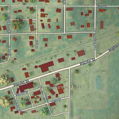Close-up of the map of Ladora, Iowa print showing street and building detail