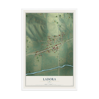Map of Ladora, Iowa, 12 x 18 inch print in a white wood frame