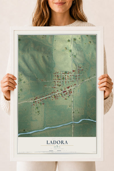 Map of Ladora, Iowa, 18 x 24 inch print in a white wood frame