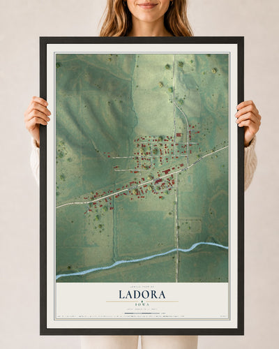 Map of Ladora, Iowa, 24 x 36 inch print in a black wood frame