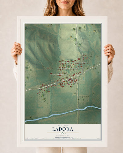 Map of Ladora, Iowa, 24 x 36 inch print in a white wood frame