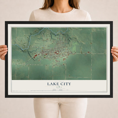 Map of Lake City, Iowa, 18 x 24 inch print in a black wood frame