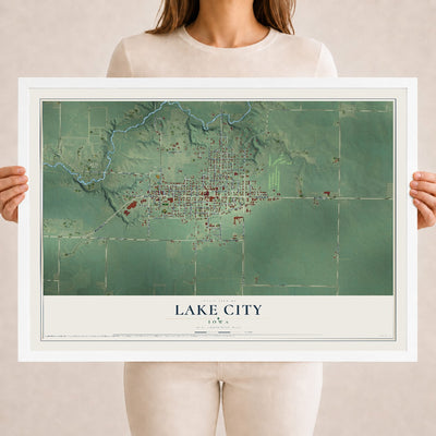 Map of Lake City, Iowa, 18 x 24 inch print in a white wood frame